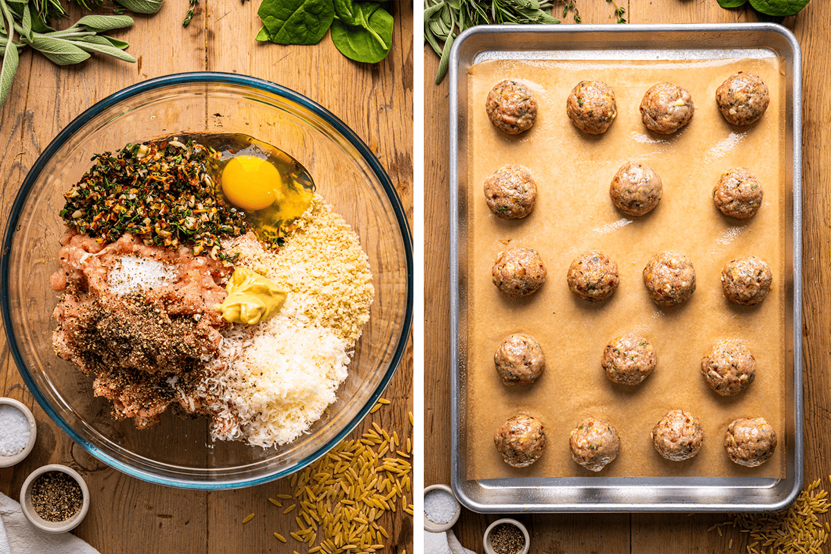 Combining ground chicken, breadcrumbs, Parmesan, egg, Dijon mustard, cooled shallot mixture, salt, and pepper to mix in a large bowl. Arranging raw chicken meatballs on the baking sheet and drizzling lightly with olive oil.