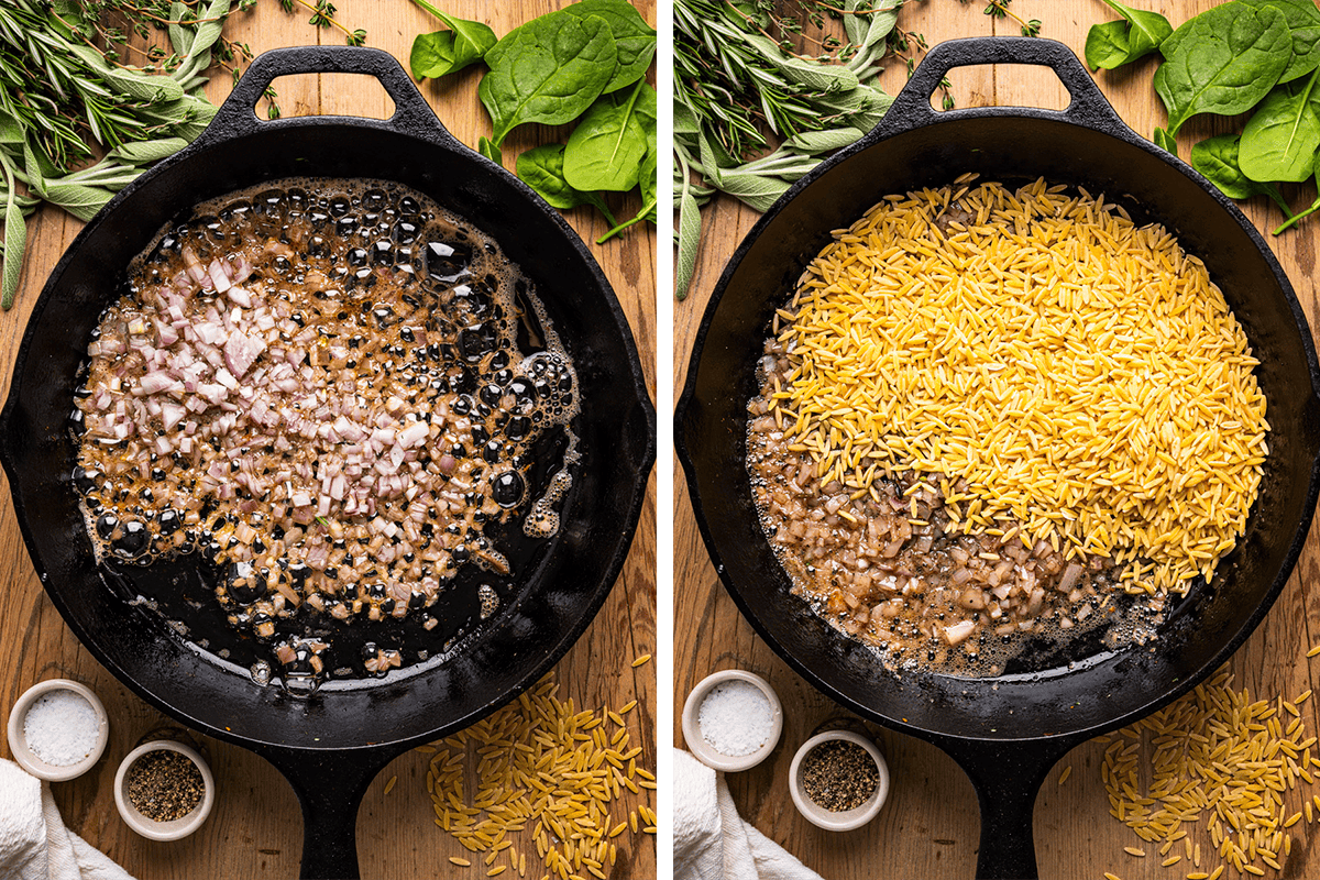 Sautéing the shallots in the sage-rosemary butter until softened but not browned in a cast-iron skillet, then adding the uncooked orzo.