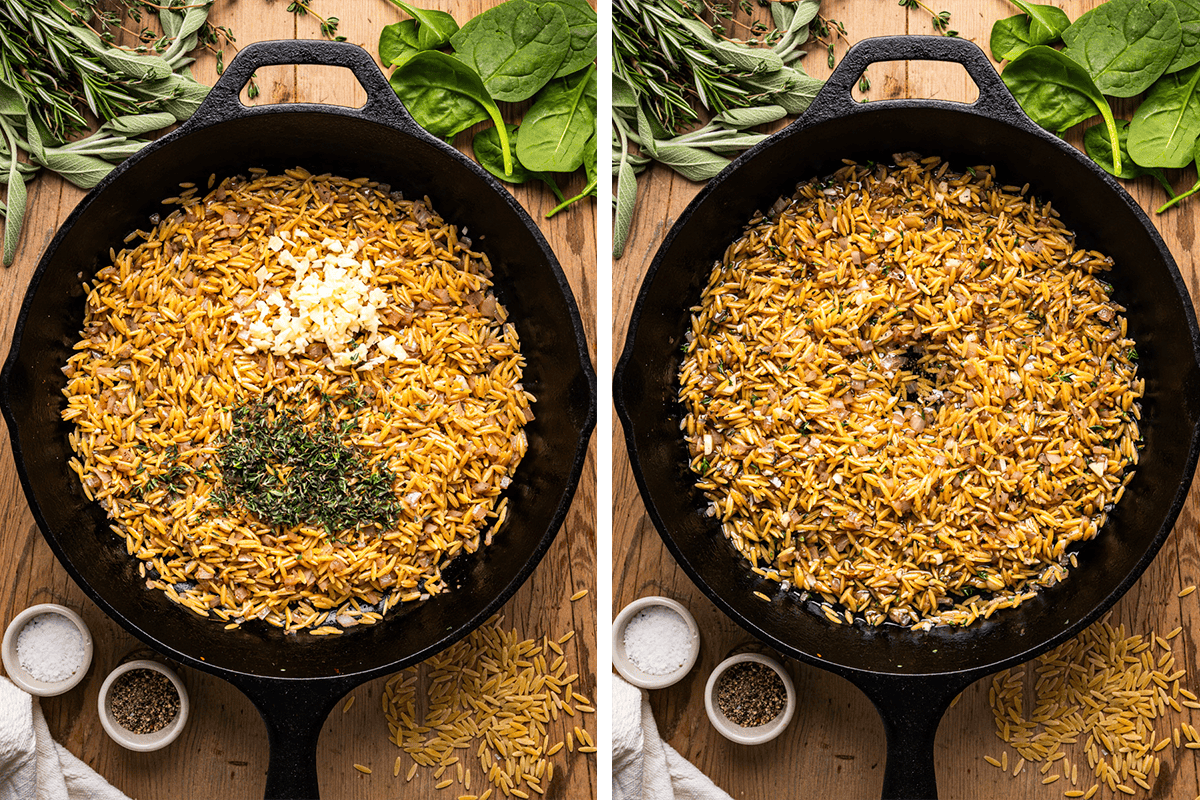 Adding the garlic and thyme to the orzo in a cast-iron skillet, sautéing until fragrant, then pouring in the white wine to deglaze the pan.