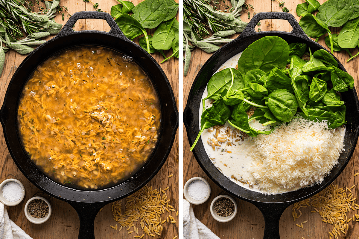 Stirring in the chicken stock to the orzo in a cast iron skillet and cooking until the orzo is just tender. Then stirring in the cream, spinach, and Parmesan.