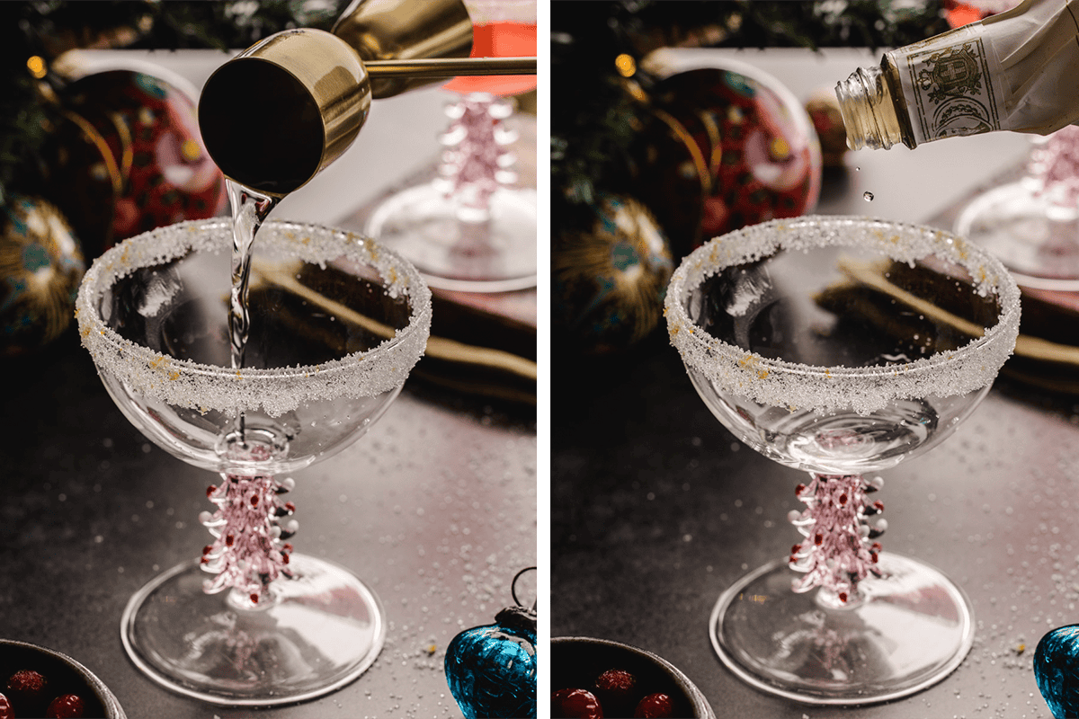 Adding Cointreau to the sugar-rimmed glass. 