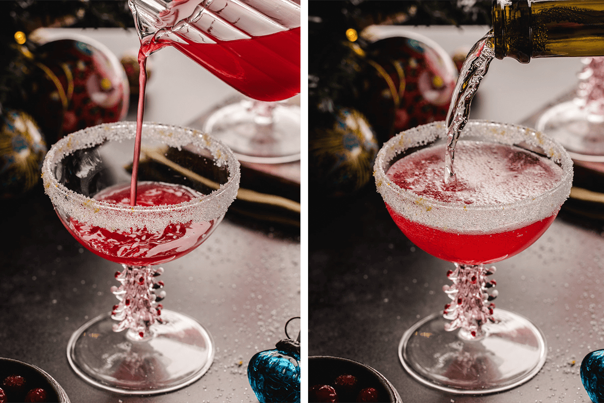 Adding cranberry juice to the sugar-rimmed glass, then topping with champagne. 