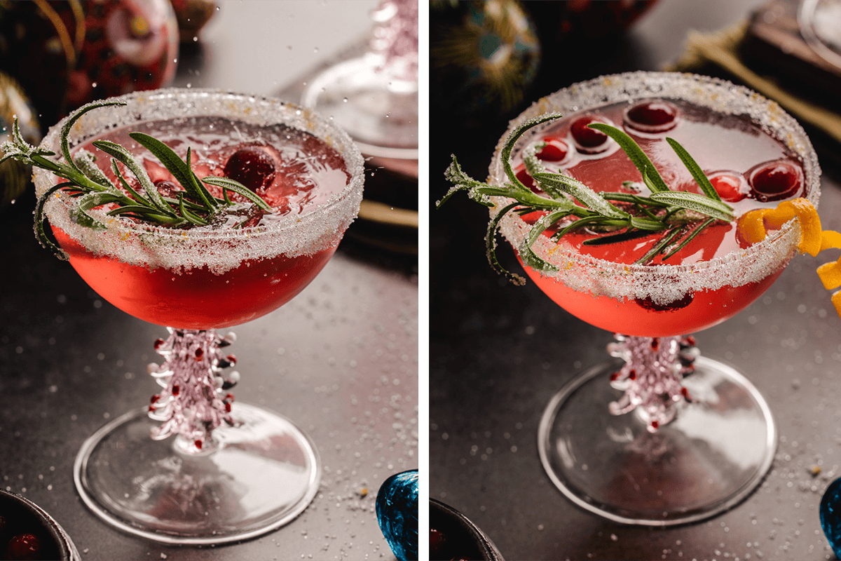 Topping the cranberry mimosa with the sugared rosemary, the orange twist, and fresh cranberries. 