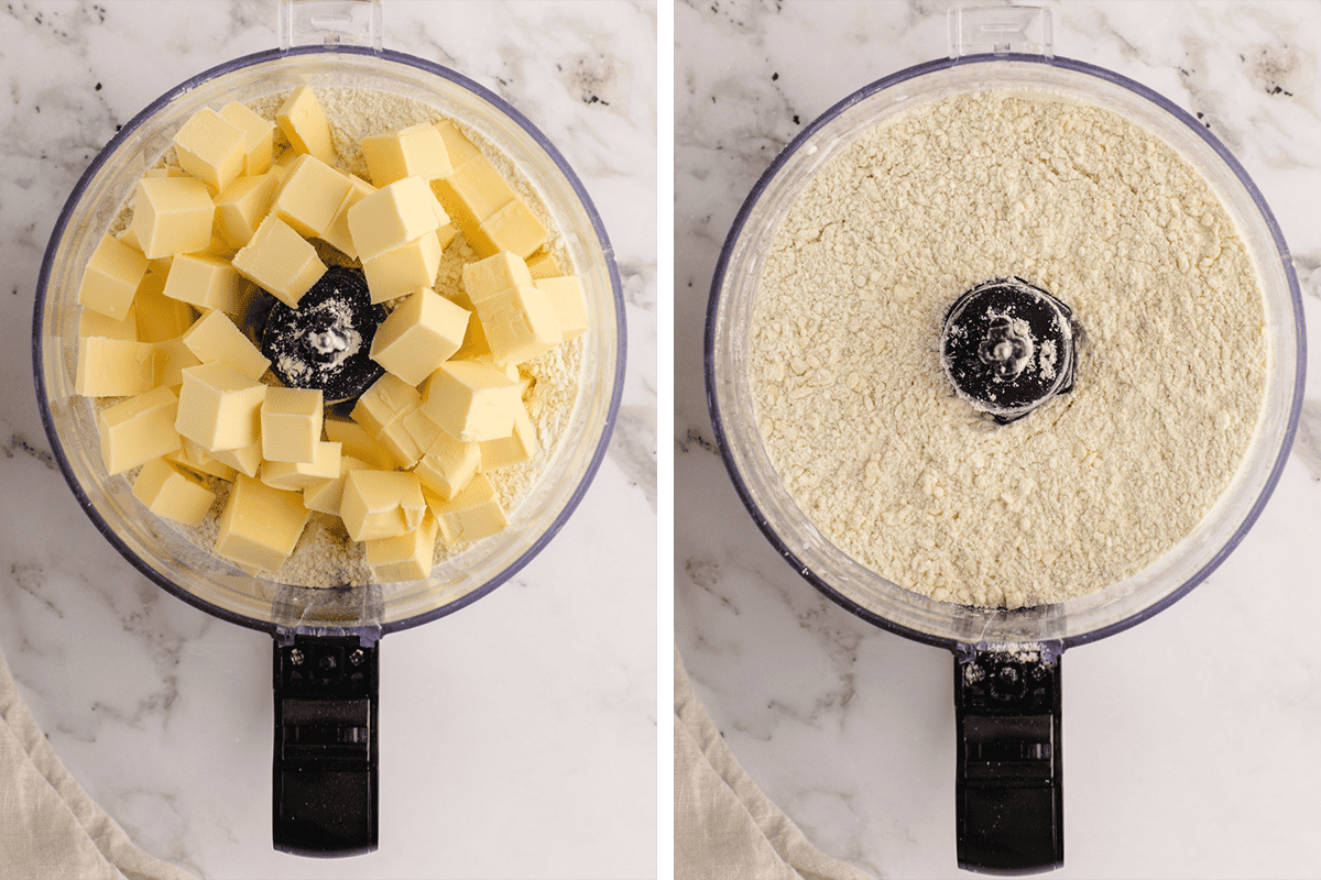 Adding flour, salt, and cold cubed butter to a food processor and pulsing until coarse crumbs form.