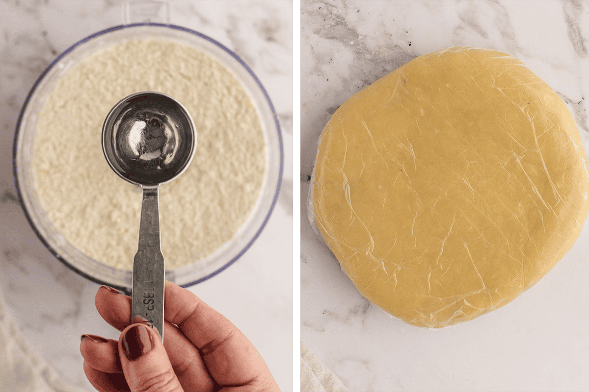 Adding water 1 tablespoon at a time to the crust dough, then wrapping it in plastic wrap and shaping it into a disc.