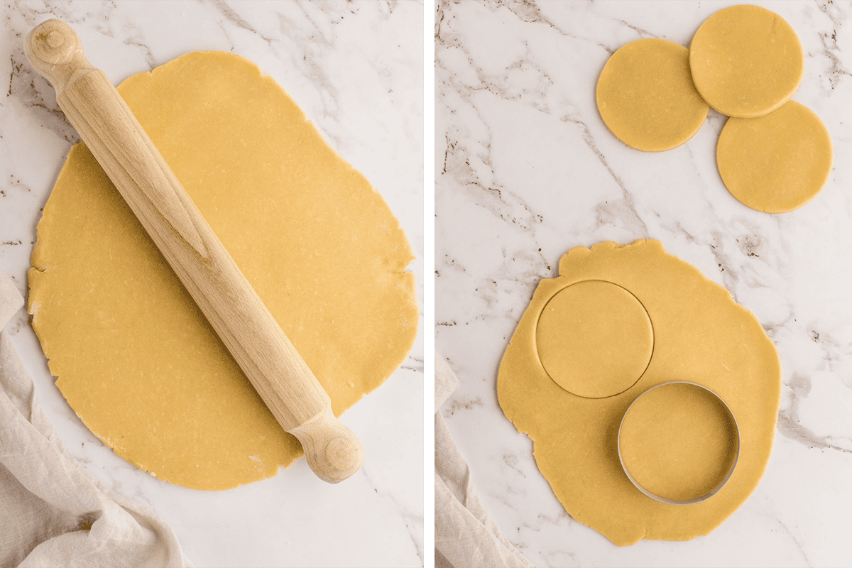 Rolling the chilled dough with the rolling pin, then stamping 3-inch rounds using a 3-inch cutter.