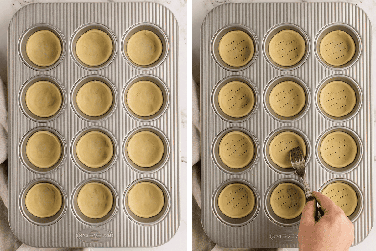 Pressing rounds into a 12-cup muffin pan; then pricking the bottoms with the fork.