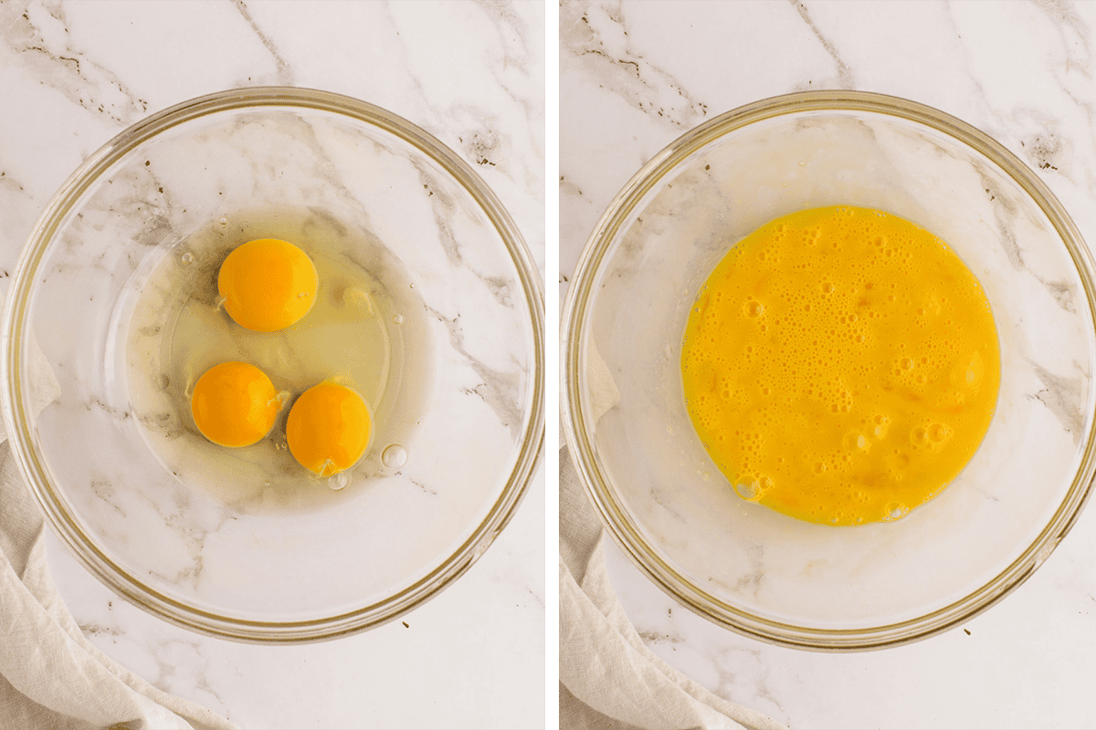 Whisking 3 eggs in a bowl.