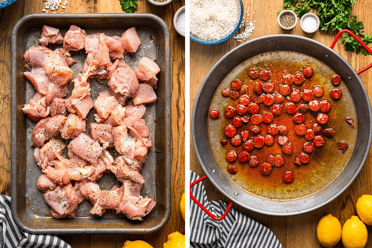 How to Make Spanish Paella (Step-by-Step Photos) Left: Raw, seasoned chicken pieces on a baking tray. Right: Sliced chorizo cooking in oil in a large round pan.