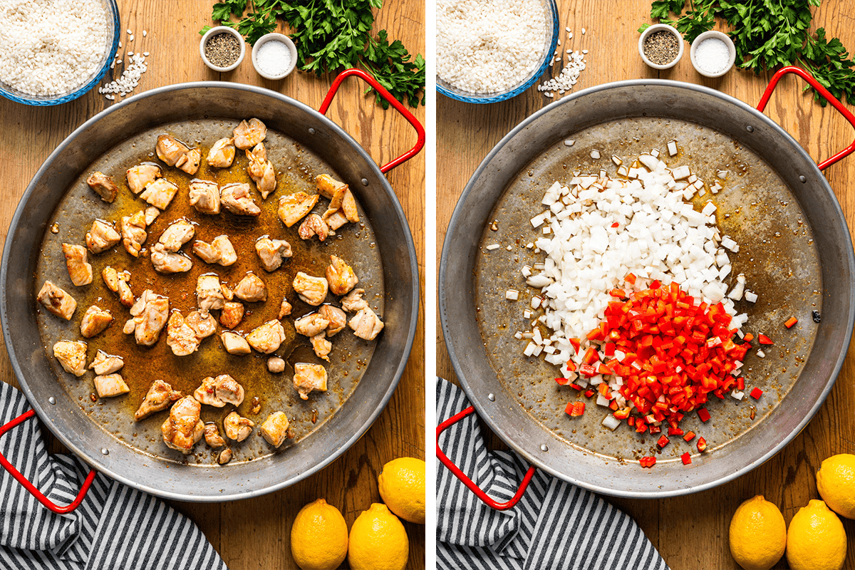 How to Make Spanish Paella (Step-by-Step Photos) Two photos: left shows browned chicken pieces in a pan; right shows diced onion and red bell pepper in the same pan.