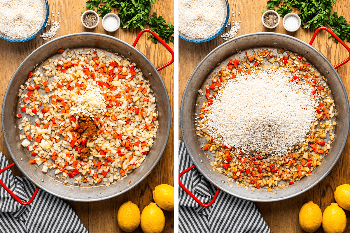 How to Make Spanish Paella (Step-by-Step Photos) Two side-by-side images show a paella pan with diced vegetables; the left pan has just vegetables, while the right pan has white rice piled on top.