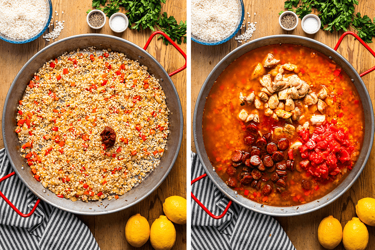 How to Make Spanish Paella (Step-by-Step Photos) Two side-by-side images: left, a pan with uncooked rice, diced peppers, and spices; right, the same pan with added broth, chicken, chorizo, and tomatoes.