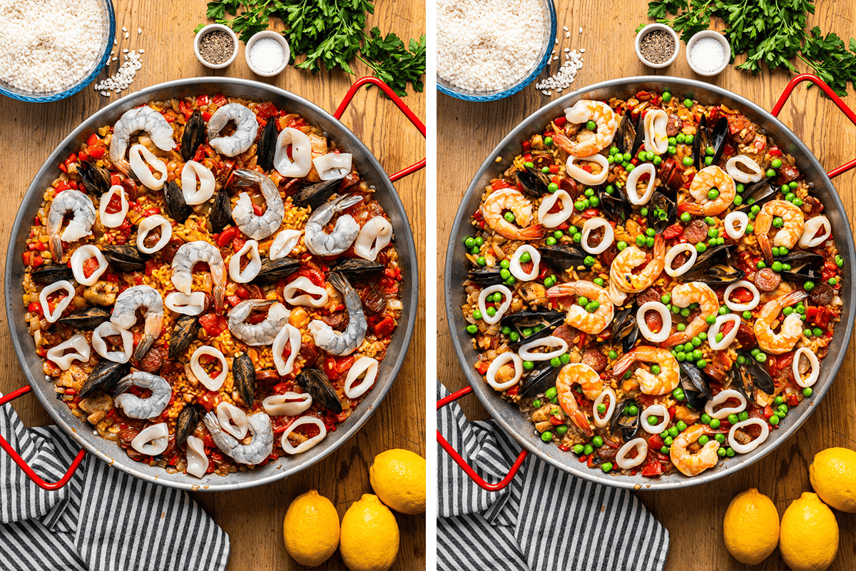 How to Make Spanish Paella (Step-by-Step Photos) Side-by-side images show a seafood paella before (left, with raw shrimp) and after cooking (right, with cooked shrimp, peas, and vibrant colors).