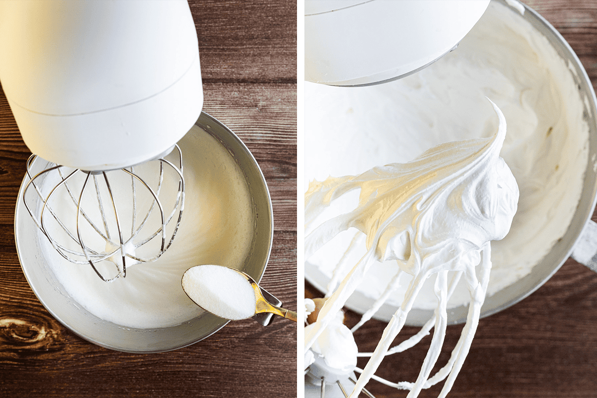 A stand mixer whips egg whites; a spoon of sugar is added. The next image shows stiff, glossy peaks of whipped meringue on the mixer whisk. 