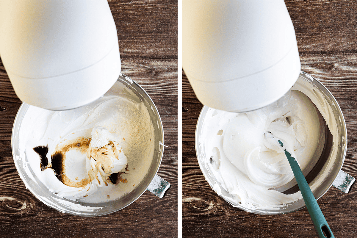 Two images of a stand mixer blending meringue: left shows vanilla added to fluffy mixture, right shows smooth, glossy white meringue being mixed with a spatula.