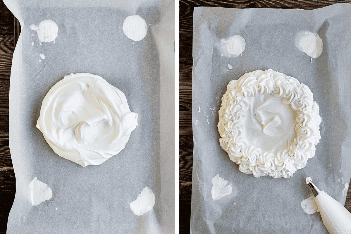 Two parchment-lined trays: the left shows a plain meringue circle, the right shows a meringue circle with piped decorative edges and a piping bag in the bottom right corner. 