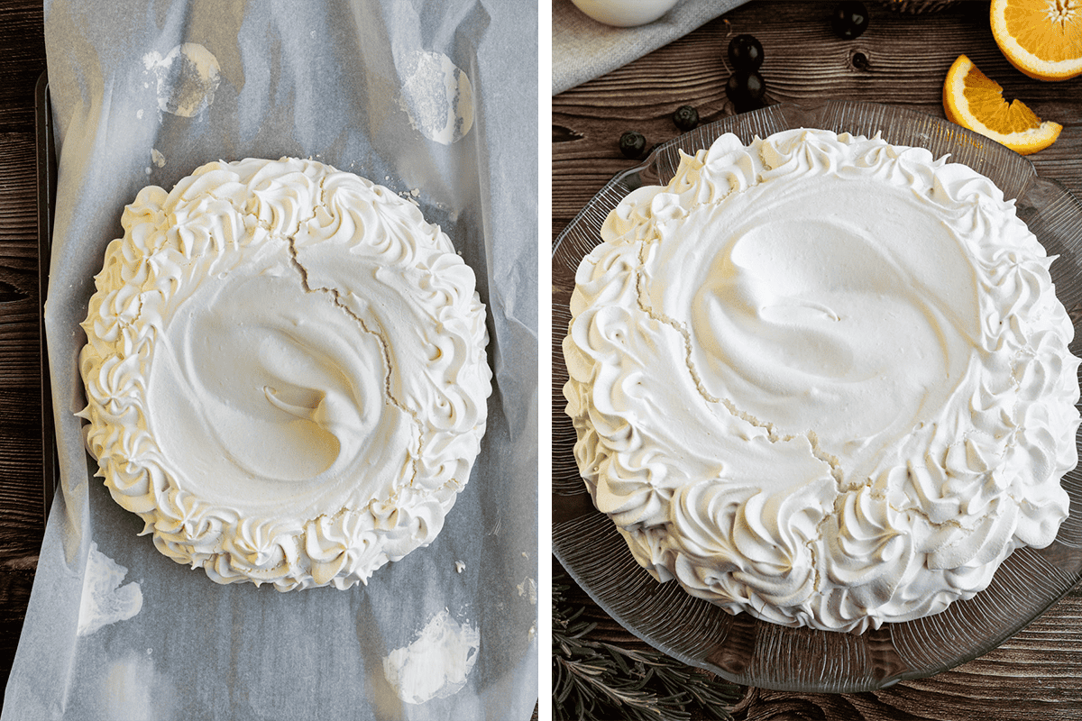 Two images of a round pavlova dessert topped with swirled meringue on the edges. The left shows it on parchment paper, the right displays it on a glass plate with fruit and herbs nearby.