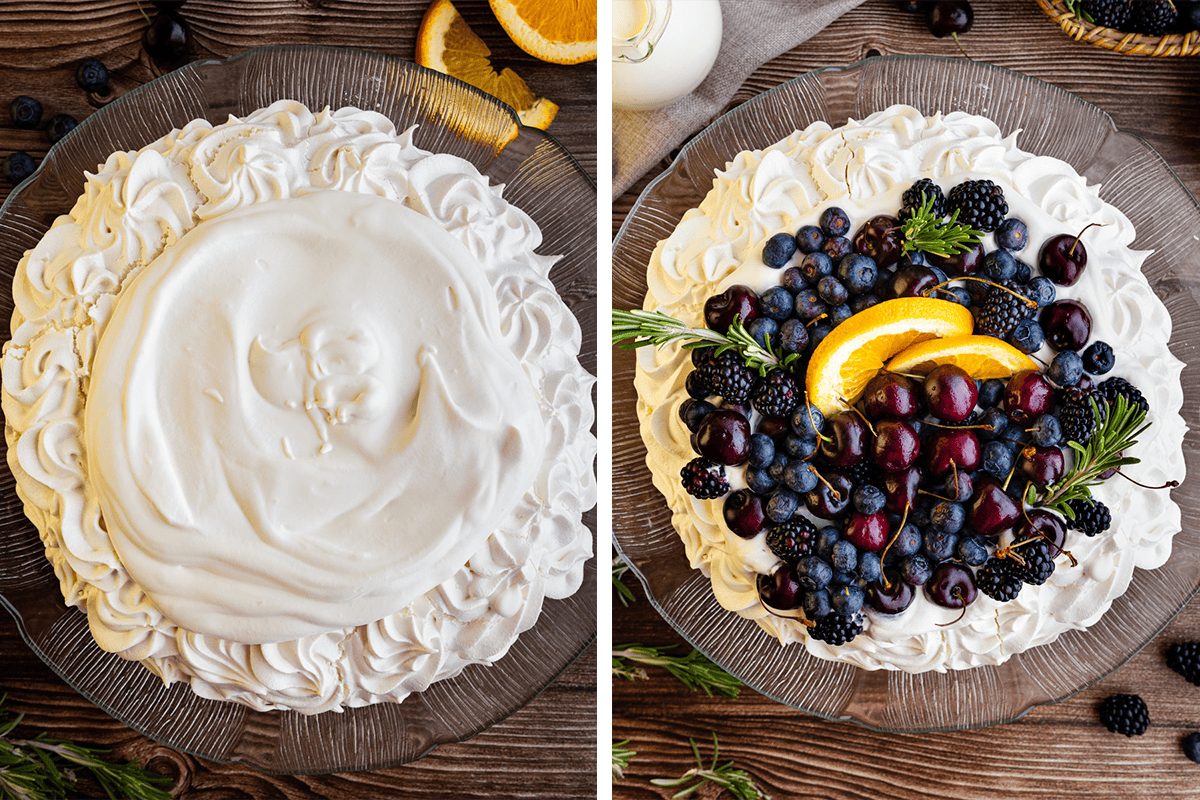 Two side-by-side images: one shows a plain pavlova with whipped cream, the other shows the same pavlova topped with blueberries, blackberries, cherries, orange slices, and herbs on a clear glass plate.