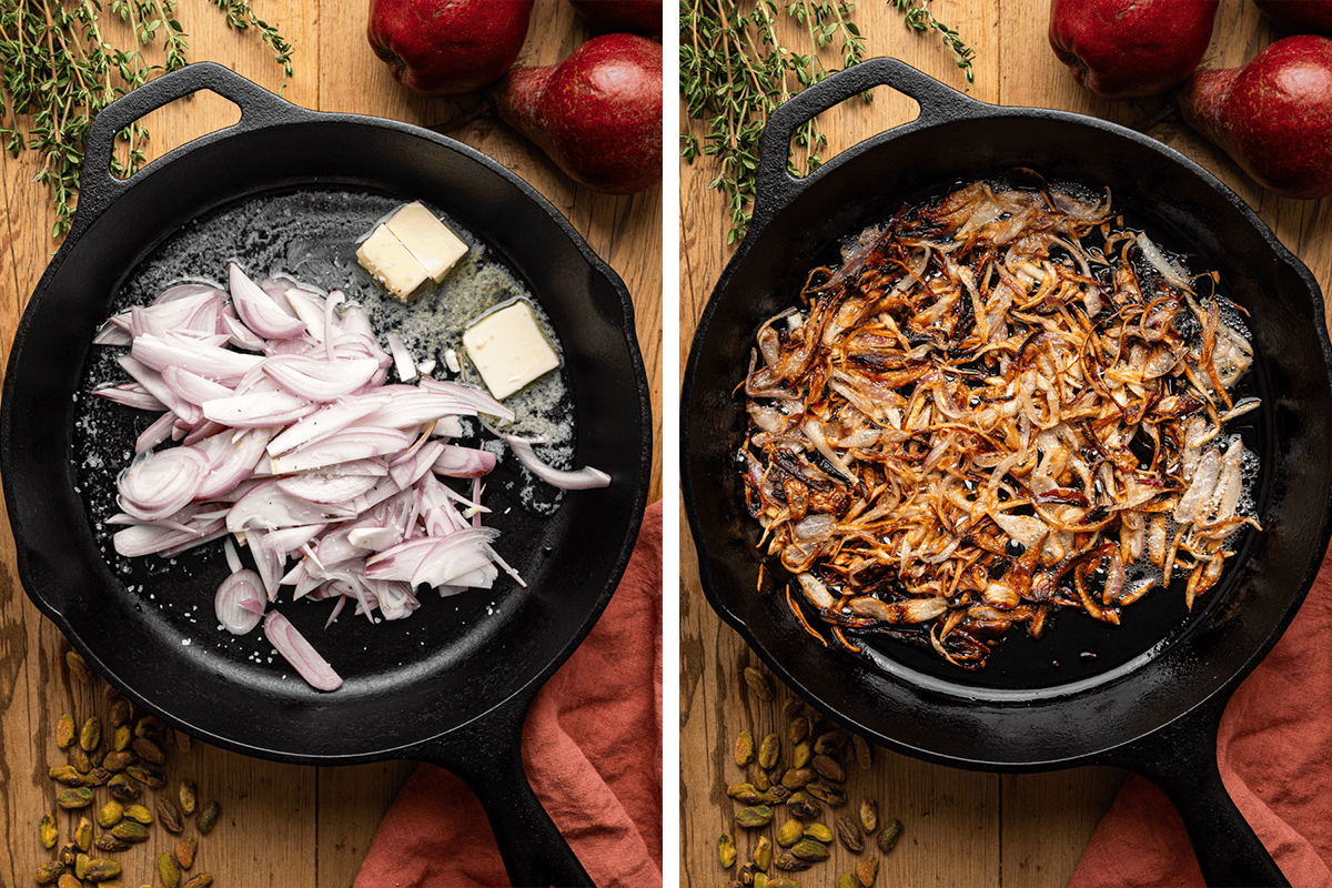 How to Make Pear Tart (Step-by-Step Photos) Two images: left, sliced onions with butter in a skillet; right, the same skillet with caramelized onions.