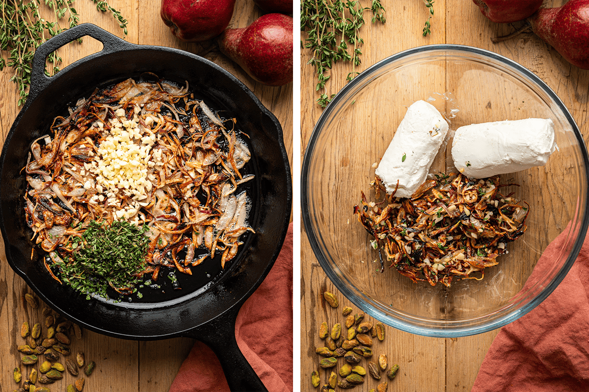 How to Make Pear Tart (Step-by-Step Photos) Left: A cast iron skillet with caramelized onions, garlic, and herbs. Right: A glass bowl with goat cheese and caramelized onions on a wooden surface with pistachios, and thyme.