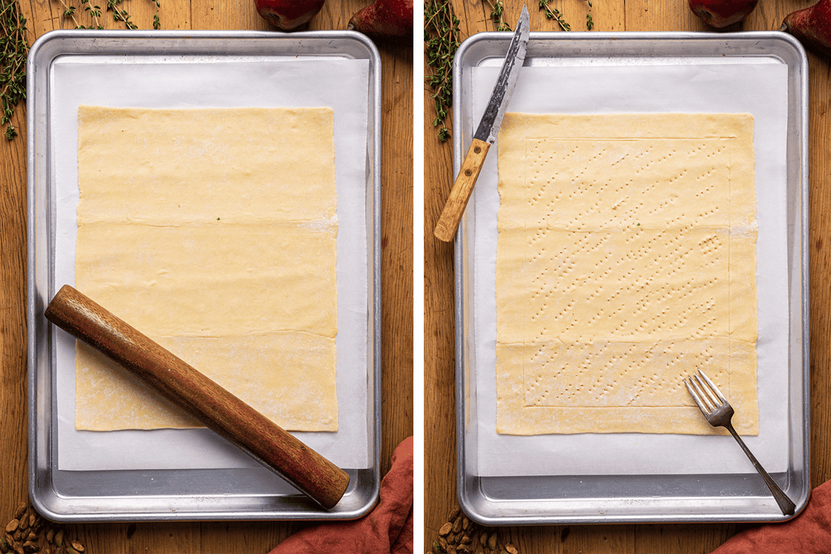 How to Make Pear Tart (Step-by-Step Photos) A baking sheet with rolled-out pastry dough. On the left, a rolling pin rests on the dough. On the right, the dough is pricked with a fork.