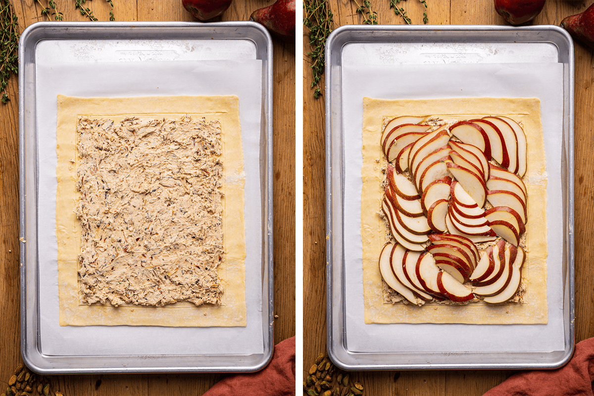 How to Make Pear Tart (Step-by-Step Photos) Side-by-side images: left shows puff pastry with filling spread on top; right shows same pastry topped with thinly sliced red pears, all on a baking sheet.