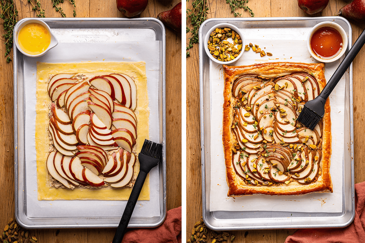 How to Make Pear Tart (Step-by-Step Photos) Two photos show a rectangular pastry topped with pear slices. The left image shows the unbaked tart, while the right image shows it baked, golden, and brushed with glaze, garnished with chopped nuts and herbs.