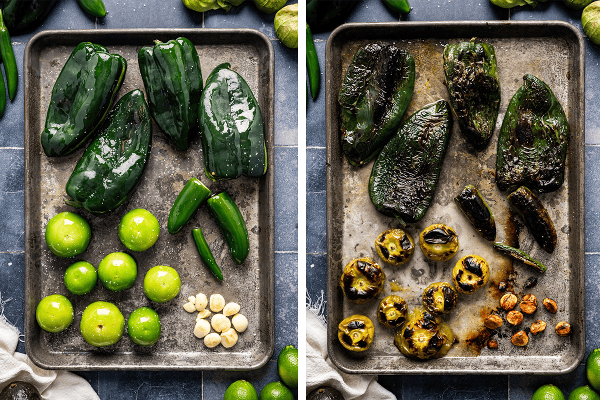 A baking sheet with fresh poblano peppers, jalape&ntilde;os, tomatillos, and garlic cloves on the left; the same vegetables roasted and charred on the right.