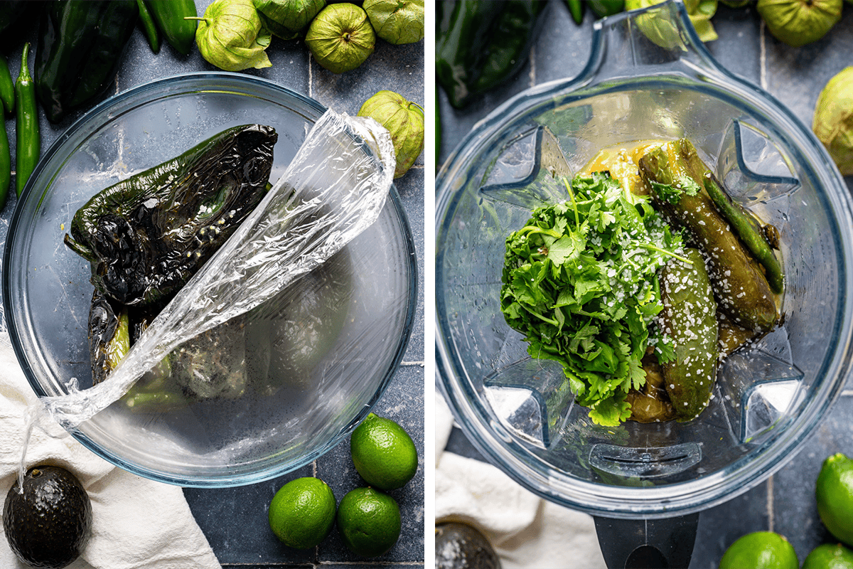 Side-by-side images: left, charred poblano peppers steaming in a bowl covered with plastic wrap; right, peppers, cilantro, and seasonings in a blender, surrounded by limes, tomatillos, and an avocado on a blue surface.