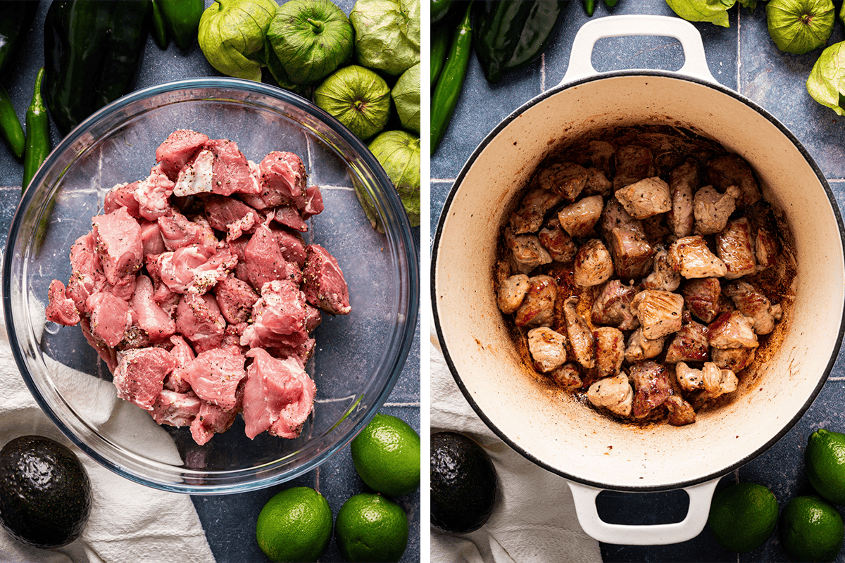 Side-by-side images: left shows raw, seasoned pork chunks in a glass bowl surrounded by limes, tomatillos, and avocados; right shows browned pork chunks cooking in a white Dutch oven with the same ingredients nearby.
