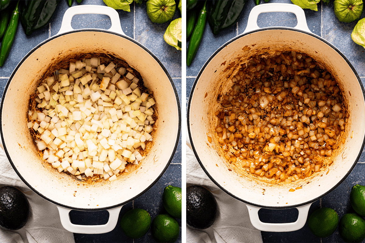 A split image shows a white pot with diced onions on the left, and the same pot with the onions saut&eacute;ed to a golden brown on the right, surrounded by fresh limes, avocado, and green vegetables.