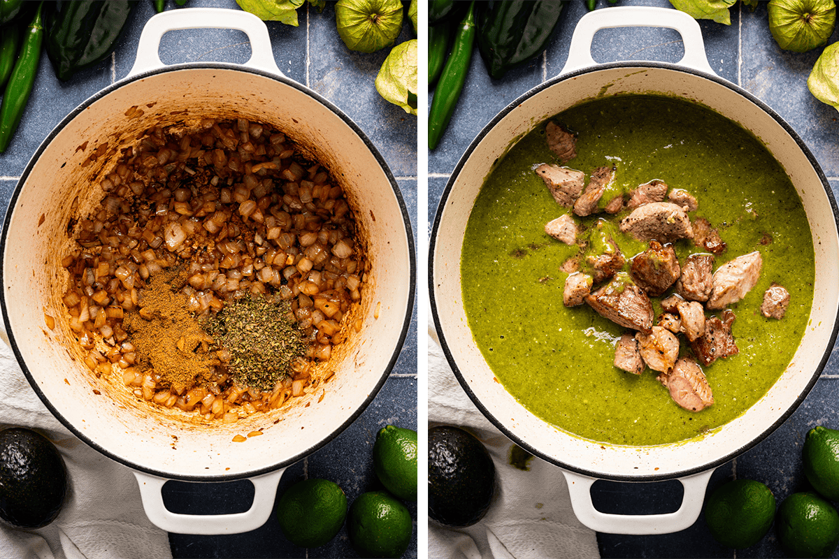 Side-by-side images: left, chopped onions and spices (ground cumin and dried oregano) cook in a pot; right, cooked pork pieces sit in a bright green sauce in the same pot. 