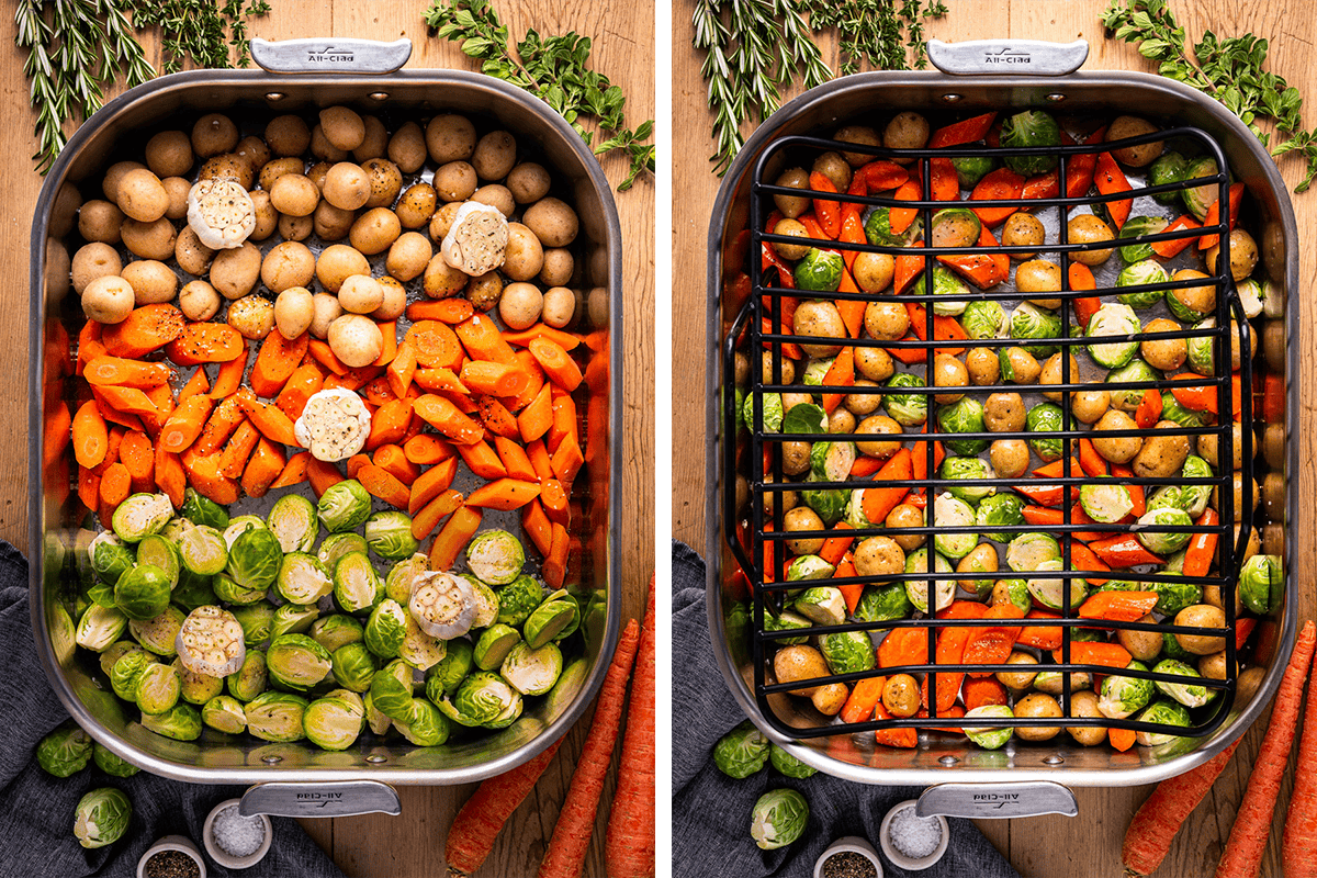 Two side-by-side images show a roasting pan filled with raw carrots, Brussels sprouts, whole garlic bulbs, and baby potatoes. The right image adds a metal roasting rack on top of the vegetables. Fresh herbs are scattered around.