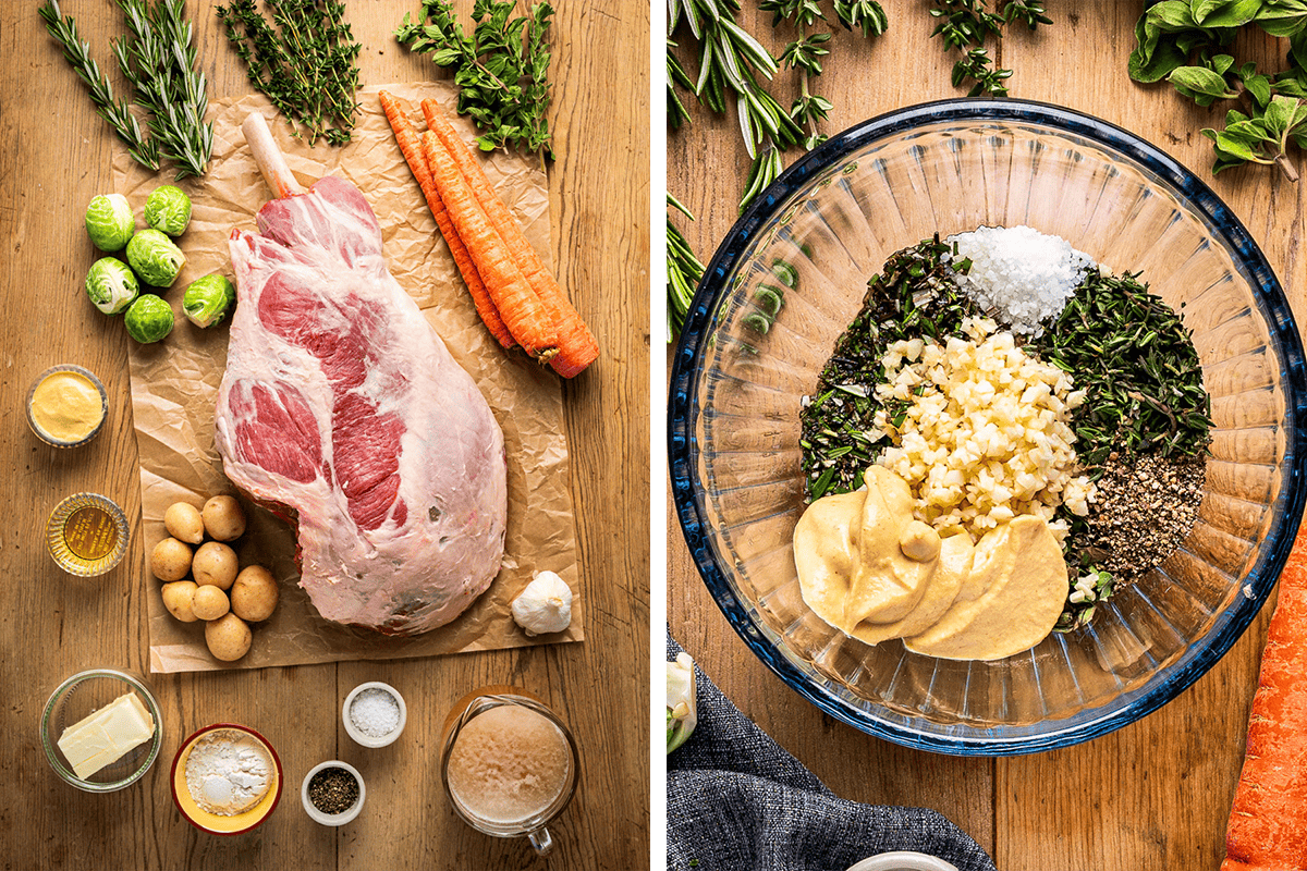 Left: Raw leg of lamb, carrots, Brussels sprouts, potatoes, garlic, butter, mustard, spices, herbs, and oil on a wooden surface. Right: A mixing bowl with a rub: chopped herbs, garlic, mustard, salt, and pepper.