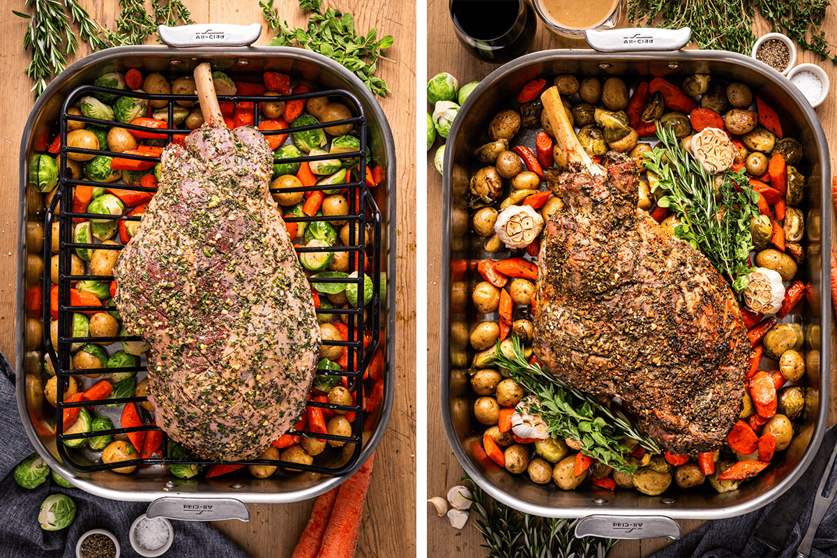 Two side-by-side images show a seasoned leg of lamb in a roasting pan. The left side is before roasting, with raw lamb atop vegetables; the right side is after, with the lamb browned and vegetables cooked.