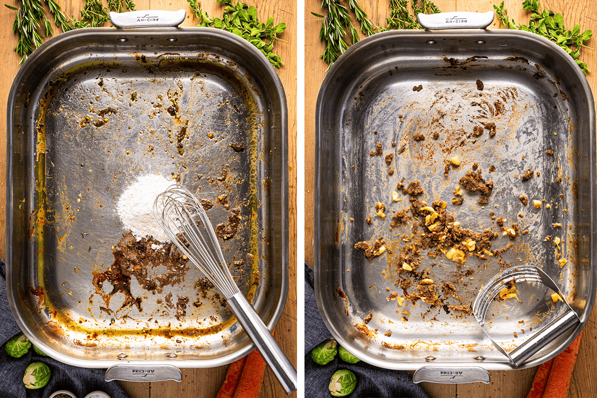 Side-by-side images of a roasting pan on a wooden surface: the left shows browned bits and flour being whisked, while the right shows browned bits and roasted garlic being mashed. Fresh herbs and veggies surround the pans.