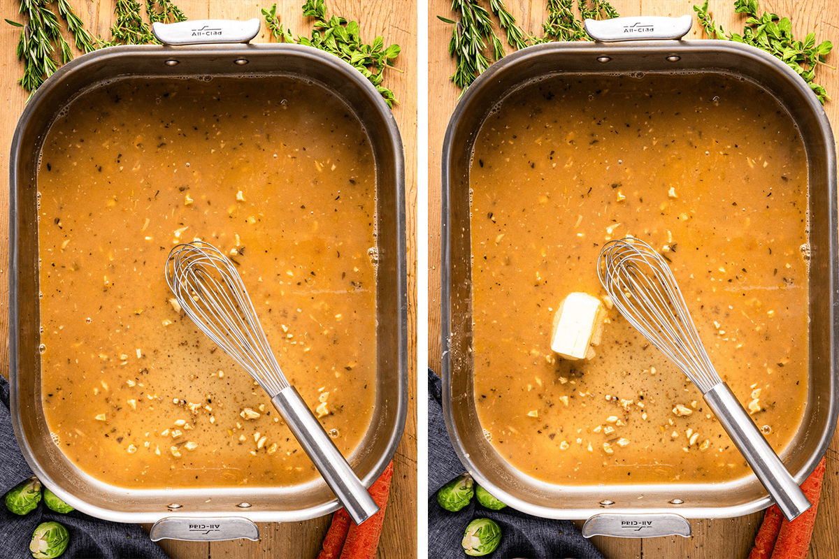 Two images side by side show a saucepan of brown gravy being whisked; the left image has just the gravy, while the right image shows a pat of butter in the gravy. Fresh herbs and carrots are nearby.