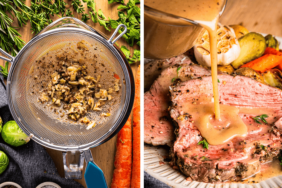 Left: Strainer with cooked vegetables and herbs (from straining gravy) above a glass bowl. Right: Gravy being poured over sliced roast beef with roasted vegetables.