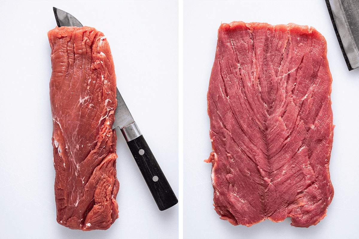 How to Make Stuffed Pork Tenderloin (Step-by-Step Photos) Two images: on the left, a raw piece of pork tenderloin with a knife partially inserted; on the right, the same pork tenderloin butterflied and flattened out, showing the texture and grain of the meat. Both are on a white surface.