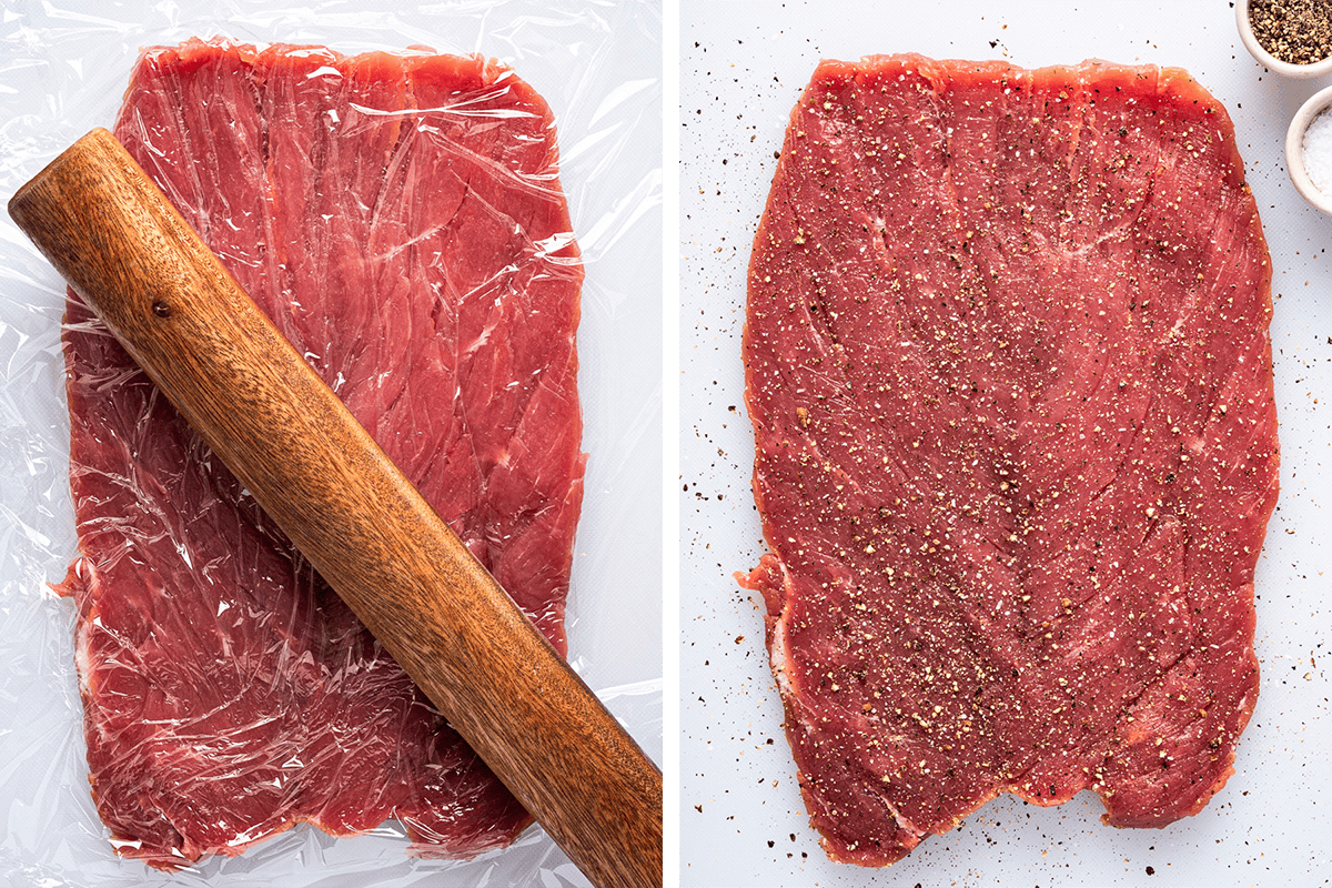 How to Make Stuffed Pork Tenderloin (Step-by-Step Photos) Side-by-side images: on the left, raw pork tenderloin covered with plastic wrap being tenderized with a wooden rolling pin; on the right, the flattened pork sprinkled with cracked black pepper, next to two bowls of seasoning.