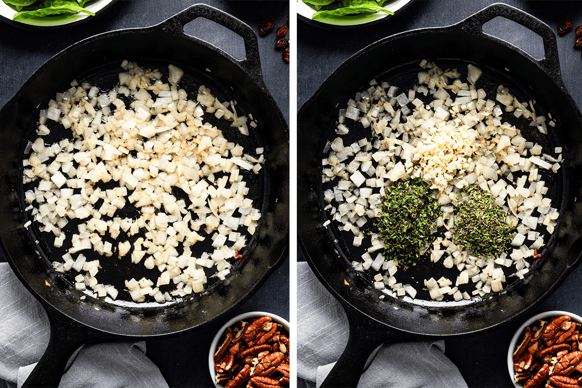 How to Make Stuffed Pork Tenderloin (Step-by-Step Photos) Side-by-side images of a cast iron skillet: left shows chopped onions sautéing, right shows onions with added chopped garlic and chopped fresh herbs. Bowls of pecans and fresh greens are nearby.