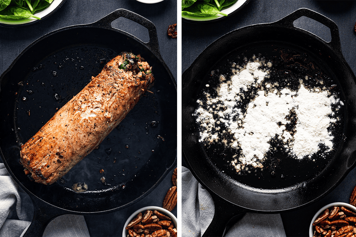 How to Make Stuffed Pork Tenderloin (Step-by-Step Photos) Side-by-side images: on the left, a browned stuffed pork tenderloin cooks in a black skillet; on the right, flour is sprinkled in the same skillet. Bowls of spinach and pecans are nearby.
