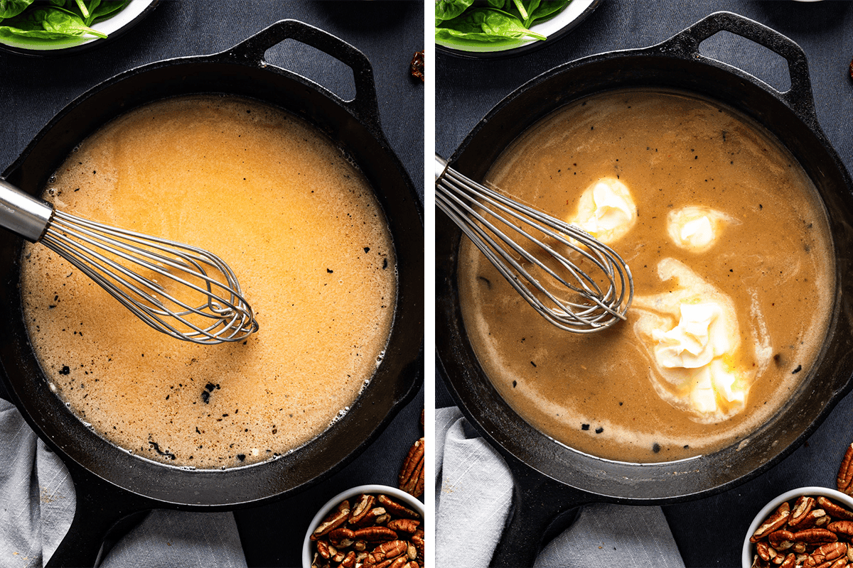 How to Make Stuffed Pork Tenderloin (Step-by-Step Photos) Side-by-side images of a skillet with a whisk stirring a creamy brown pan sauce sauce; on the left, the sauce is smooth, and on the right, dollops of cream are being mixed in. Bowls of greens and pecans are nearby.