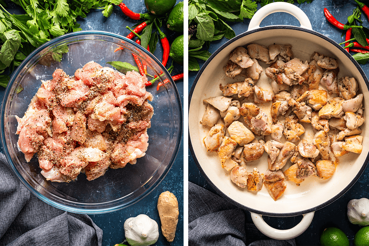 How to Make Thai Chicken Curry (process photos) Side-by-side images: left, raw diced chicken seasoned with pepper in a glass bowl; right, browned chicken pieces cooking in a white pot, surrounded by fresh herbs, red chilies, garlic, ginger, and lime.