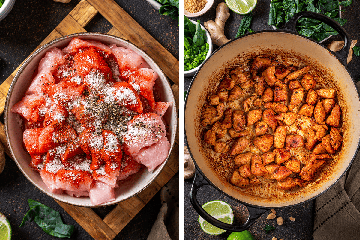 Seasoning the chicken with salt, pepper, and paprika in a bowl, then browning seasoned chicken in a Dutch oven.
