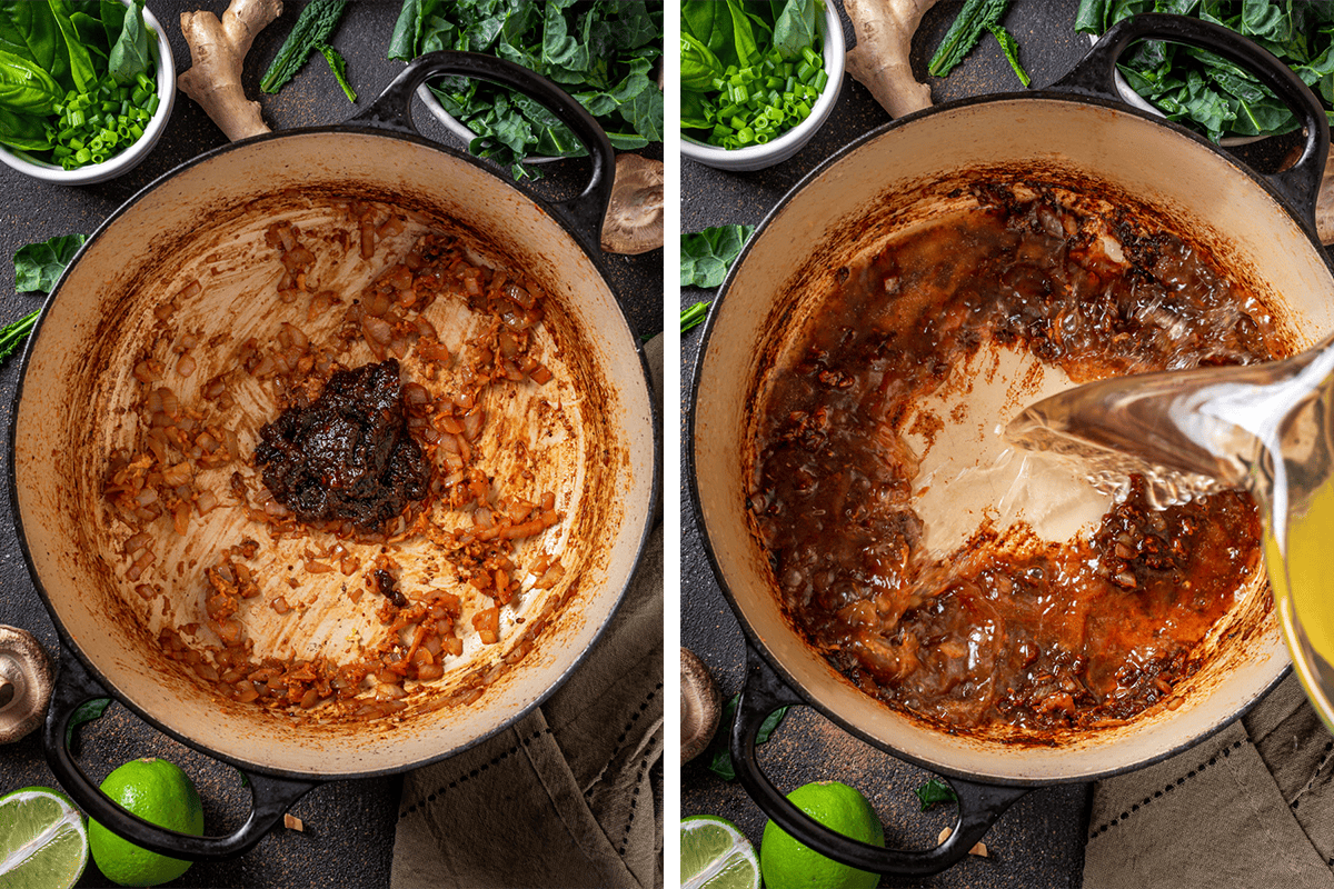 Cooking chopped onions, ginger, garlic, and curry paste in a Dutch oven.