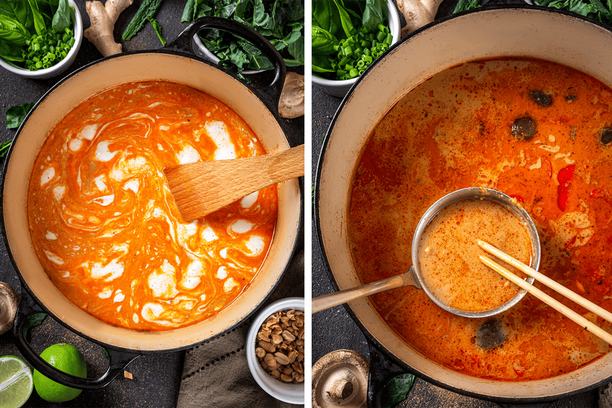 Adding broth and coconut milk to the Dutch oven.