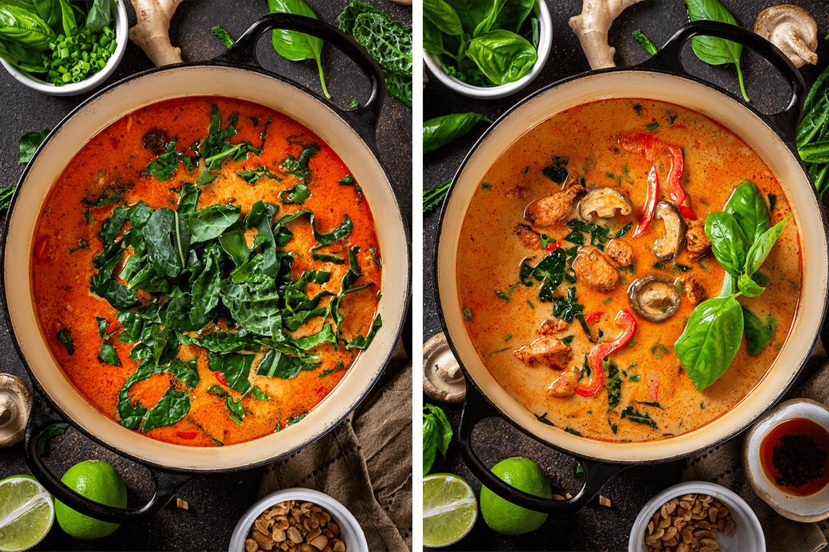 Adding chopped kale to the broth in a Dutch oven, then garnishing the soup pot with fresh basil.
