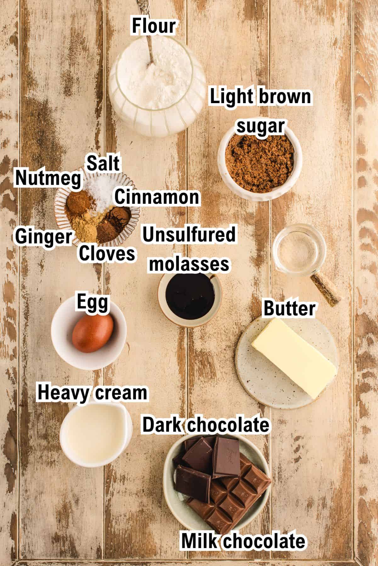 This photo shows all the ingredients needed to make the Gingerbread Cookie Chocolate Tart.