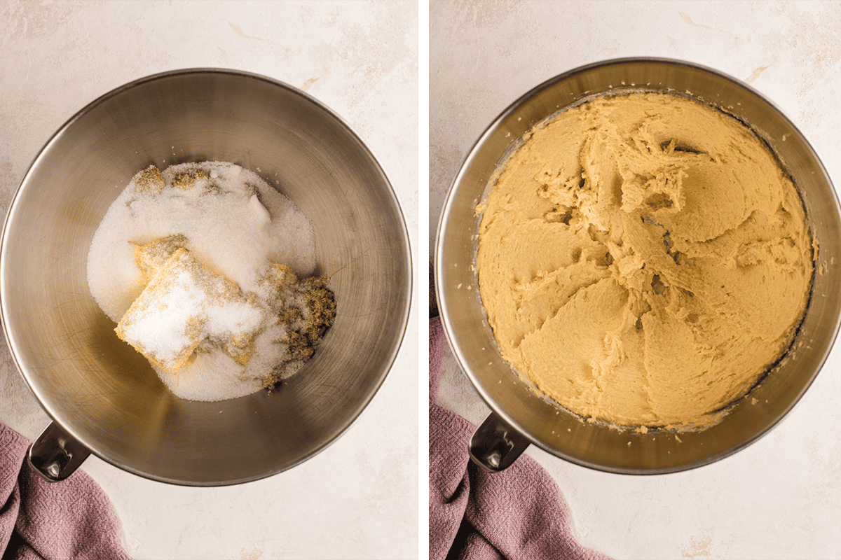 How to Make Chocolate Hazelnut Thumbprint Cookies (process shots) Beating butter with brown and granulated sugars until light and fluffy in a mixer.